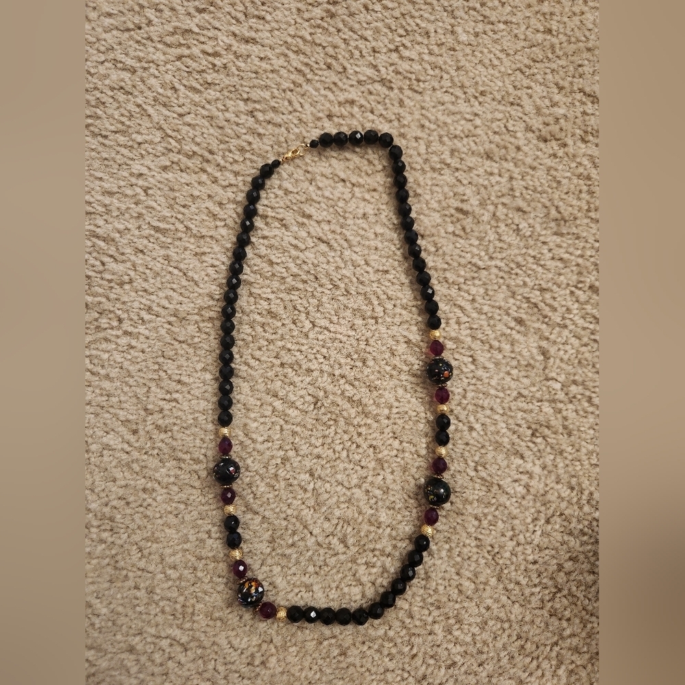 Beaded Black Necklace Purple Floral Gold Abstract